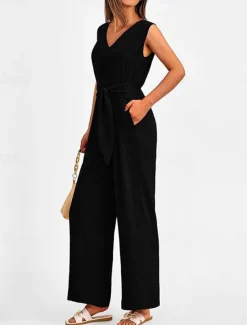 Women's Normal Jumpsuit Elegant Solid Color Sleeveless V Neck Lace up Pocket Office Business Regular Fit Black Wine Army Green Summer