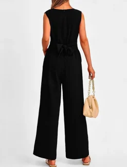 Women's Normal Jumpsuit Elegant Solid Color Sleeveless V Neck Lace up Pocket Office Business Regular Fit Black Wine Army Green Summer