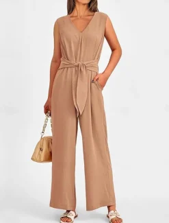 Women's Normal Jumpsuit Elegant Solid Color Sleeveless V Neck Lace up Pocket Office Business Regular Fit Black Wine Army Green Summer