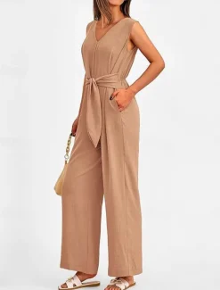 Women's Normal Jumpsuit Elegant Solid Color Sleeveless V Neck Lace up Pocket Office Business Regular Fit Black Wine Army Green Summer