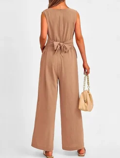 Women's Normal Jumpsuit Elegant Solid Color Sleeveless V Neck Lace up Pocket Office Business Regular Fit Black Wine Army Green Summer