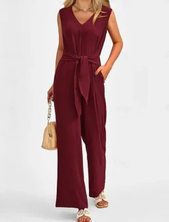 Women's Normal Jumpsuit Elegant Solid Color Sleeveless V Neck Lace up Pocket Office Business Regular Fit Black Wine Army Green Summer