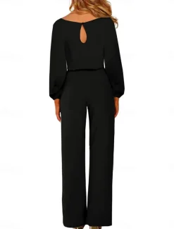 Women's Normal Jumpsuit Elegant Solid Color Long Sleeve Crew Neck Lace up High Waist Work Street Regular Fit Black Apricot Fall
