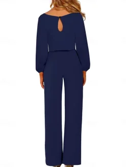 Women's Normal Jumpsuit Elegant Solid Color Long Sleeve Crew Neck Lace up High Waist Work Street Regular Fit Black Apricot Fall