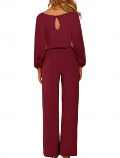 Women's Normal Jumpsuit Elegant Solid Color Long Sleeve Crew Neck Lace up High Waist Work Street Regular Fit Black Apricot Fall