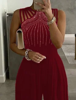 Women's Normal Jumpsuit Elegant Solid Color Sleeveless Round Neck High Waist Cut Out Wedding Party Slim Black Red Blue Fall