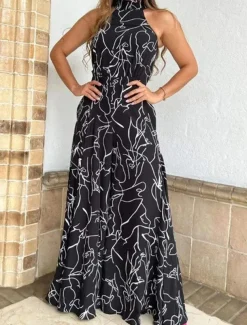 Women's Normal Jumpsuit Elegant Striped Sleeveless Stand Collar Pocket Print Wedding Party Regular Fit Black White Yellow Summer