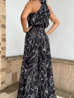 Women's Normal Jumpsuit Elegant Striped Sleeveless Stand Collar Pocket Print Wedding Party Regular Fit Black White Yellow Summer