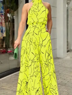 Women's Normal Jumpsuit Elegant Striped Sleeveless Stand Collar Pocket Print Wedding Party Regular Fit Black White Yellow Summer