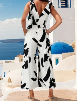 Women's Normal Jumpsuit Elegant Graphic Sleeveless V Neck Print Work Street Regular Fit White Summer