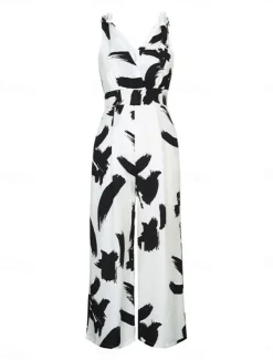 Women's Normal Jumpsuit Elegant Graphic Sleeveless V Neck Print Work Street Regular Fit White Summer