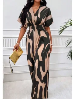 Women's Normal Jumpsuit Elegant Color Block Short Sleeve Butterfly Sleeve V Neck Print Work Daily Regular Fit White Orange Brown Summer