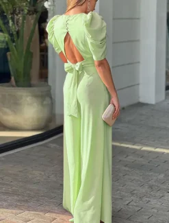 Women's Normal Jumpsuit Elegant Solid Color Short Sleeve V Neck Backless Pocket Street Daily Regular Fit Black Yellow Light Green Summer