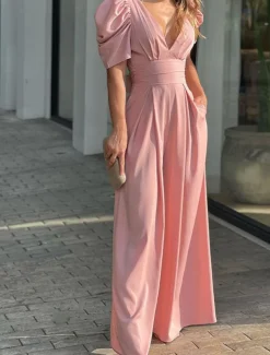 Women's Normal Jumpsuit Elegant Solid Color Short Sleeve V Neck Backless Pocket Street Daily Regular Fit Black Yellow Light Green Summer