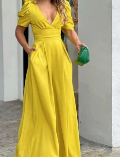 Women's Normal Jumpsuit Elegant Solid Color Short Sleeve V Neck Backless Pocket Street Daily Regular Fit Black Yellow Light Green Summer