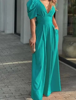 Women's Normal Jumpsuit Elegant Solid Color Short Sleeve V Neck Backless Pocket Street Daily Regular Fit Black Yellow Light Green Summer