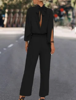 Women's Normal Jumpsuit Elegant Solid Color 3/4 Length Sleeve Stand Collar High Waist Wedding Vacation Regular Fit Black Green Fall