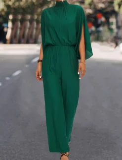 Women's Normal Jumpsuit Elegant Solid Color 3/4 Length Sleeve Stand Collar High Waist Wedding Vacation Regular Fit Black Green Fall