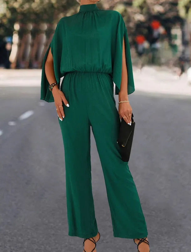 Women's Normal Jumpsuit Elegant Solid Color 3/4 Length Sleeve Stand Collar High Waist Wedding Vacation Regular Fit Black Green Fall
