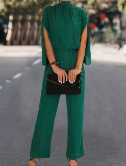 Women's Normal Jumpsuit Elegant Solid Color 3/4 Length Sleeve Stand Collar High Waist Wedding Vacation Regular Fit Black Green Fall