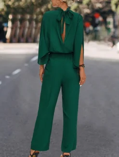 Women's Normal Jumpsuit Elegant Solid Color 3/4 Length Sleeve Stand Collar High Waist Wedding Vacation Regular Fit Black Green Fall