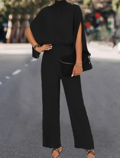 Women's Normal Jumpsuit Elegant Solid Color 3/4 Length Sleeve Stand Collar High Waist Wedding Vacation Regular Fit Black Green Fall