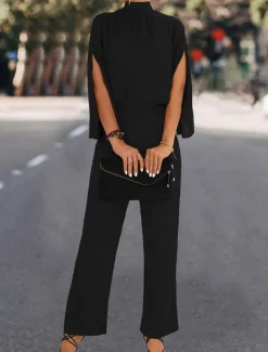 Women's Normal Jumpsuit Elegant Solid Color 3/4 Length Sleeve Stand Collar High Waist Wedding Vacation Regular Fit Black Green Fall