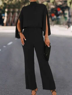 Women's Normal Jumpsuit Elegant Solid Color 3/4 Length Sleeve Stand Collar High Waist Wedding Vacation Regular Fit Black Green Fall