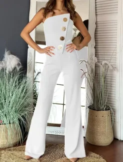 Women's Normal Jumpsuit Elegant Solid Color Sleeveless Wide Leg Strapless Buttons Daily Regular Fit Black White Red Summer