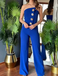 Women's Normal Jumpsuit Elegant Solid Color Sleeveless Wide Leg Strapless Buttons Daily Regular Fit Black White Red Summer