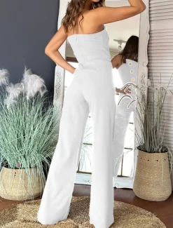 Women's Normal Jumpsuit Elegant Solid Color Sleeveless Wide Leg Strapless Buttons Daily Regular Fit Black White Red Summer
