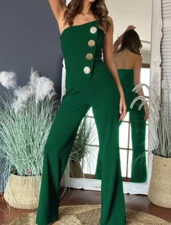 Women's Normal Jumpsuit Elegant Solid Color Sleeveless Wide Leg Strapless Buttons Daily Regular Fit Black White Red Summer