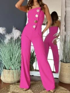 Women's Normal Jumpsuit Elegant Solid Color Sleeveless Wide Leg Strapless Buttons Daily Regular Fit Black White Red Summer