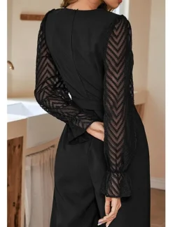 Women's Normal Jumpsuit Elegant Solid Color Long Sleeve Wide Leg V Neck Mesh Patchwork Office Work Slim Black Fall