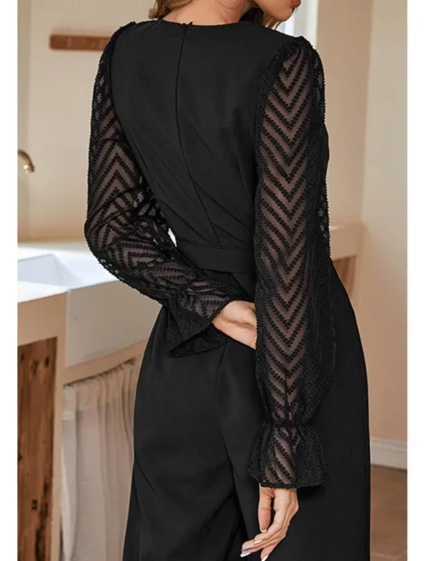 Women's Normal Jumpsuit Elegant Solid Color Long Sleeve Wide Leg V Neck Mesh Patchwork Office Work Slim Black Fall