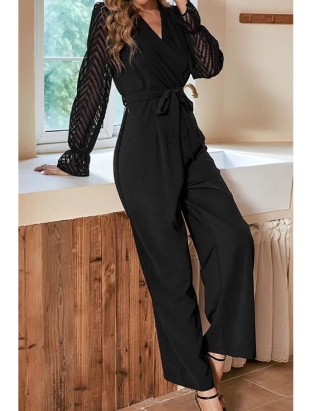 Women's Normal Jumpsuit Elegant Solid Color Long Sleeve Wide Leg V Neck Mesh Patchwork Office Work Slim Black Fall