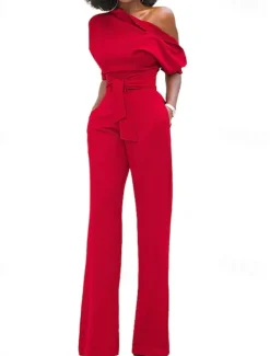 Women's Normal Jumpsuit Elegant Solid Color Half Sleeve One Shoulder Pocket High Waist Wedding Party Regular Fit Black White Yellow Fall