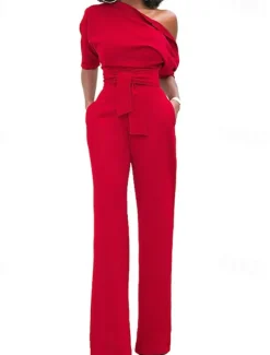 Women's Normal Jumpsuit Elegant Solid Color Half Sleeve One Shoulder Pocket High Waist Wedding Party Regular Fit Black White Yellow Fall