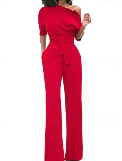 Women's Normal Jumpsuit Elegant Solid Color Half Sleeve One Shoulder Pocket High Waist Wedding Party Regular Fit Black White Yellow Fall