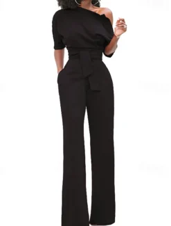 Women's Normal Jumpsuit Elegant Solid Color Half Sleeve One Shoulder Pocket High Waist Wedding Party Regular Fit Black White Yellow Fall