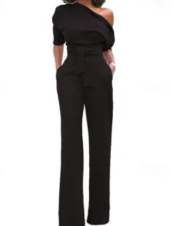 Women's Normal Jumpsuit Elegant Solid Color Half Sleeve One Shoulder Pocket High Waist Wedding Party Regular Fit Black White Yellow Fall