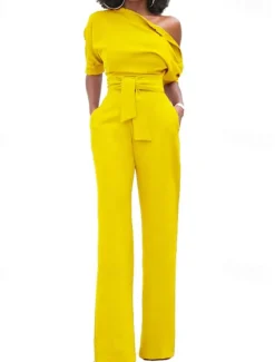 Women's Normal Jumpsuit Elegant Solid Color Half Sleeve One Shoulder Pocket High Waist Wedding Party Regular Fit Black White Yellow Fall