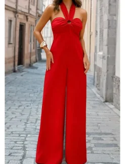 Women's Normal Jumpsuit Elegant Solid Color Sleeveless Halter Neck Backless Party Regular Fit Black White Red Summer
