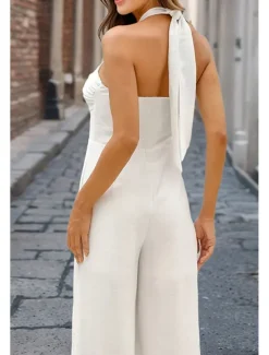 Women's Normal Jumpsuit Elegant Solid Color Sleeveless Halter Neck Backless Party Regular Fit Black White Red Summer
