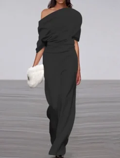 Women's Normal Jumpsuit Formal Solid Color Half Sleeve Raglan Sleeves Straight Party Office Regular Fit Black White Fall