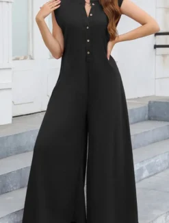 Women's Normal Jumpsuit Streetwear Solid Color Sleeveless V Neck Buttons Street Going out Regular Fit Black White Light Green Summer