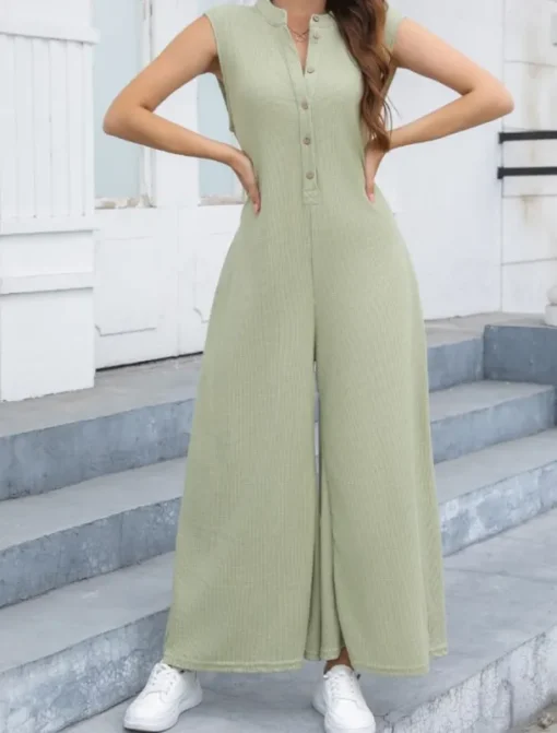 Women's Normal Jumpsuit Streetwear Solid Color Sleeveless V Neck Buttons Street Going out Regular Fit Black White Light Green Summer