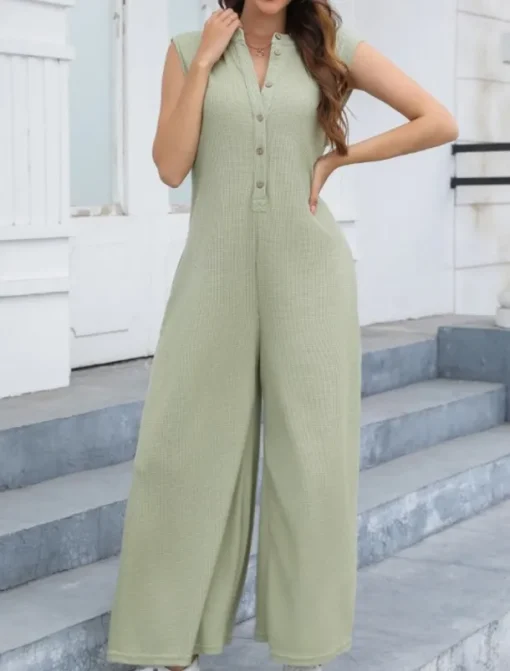 Women's Normal Jumpsuit Streetwear Solid Color Sleeveless V Neck Buttons Street Going out Regular Fit Black White Light Green Summer