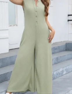 Women's Normal Jumpsuit Streetwear Solid Color Sleeveless V Neck Buttons Street Going out Regular Fit Black White Light Green Summer