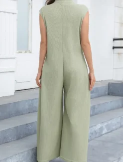 Women's Normal Jumpsuit Streetwear Solid Color Sleeveless V Neck Buttons Street Going out Regular Fit Black White Light Green Summer